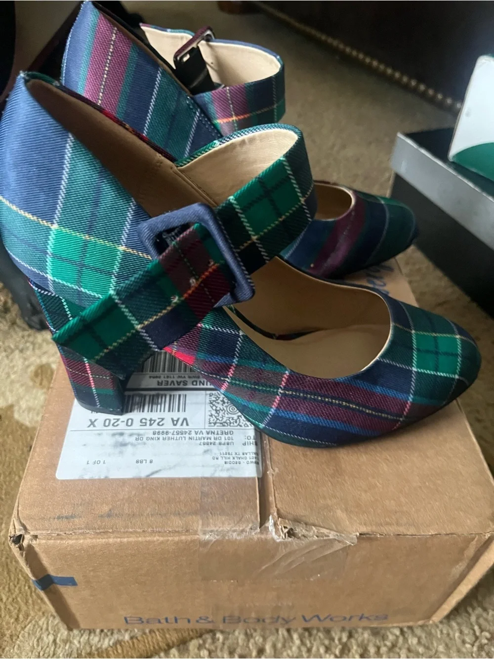 Plaid Mary Jane Pumps - Green/Navy Tartan
